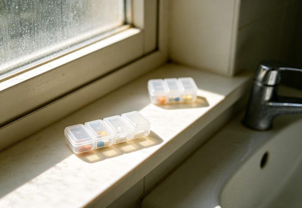 Compact portable pill box with vitamins inside for travel and daily commuting Compact portable pill box with vitamins inside for travel and daily commuting