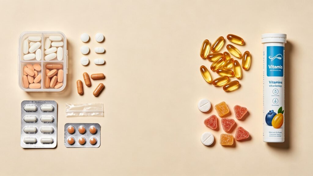 Hands placing vitamin tablets and softgels into divided compartments of a pill organizer Hands placing vitamin tablets and softgels into divided compartments of a pill organizer