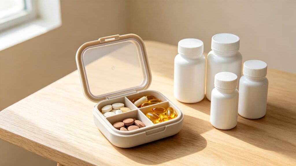 Portable pill box with assorted vitamin tablets