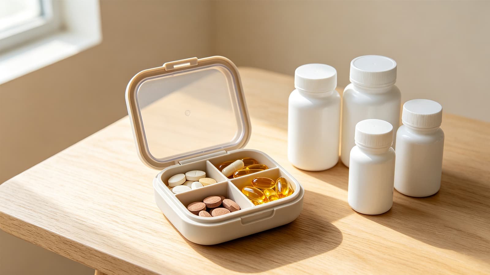 Portable pill box with assorted vitamin tablets