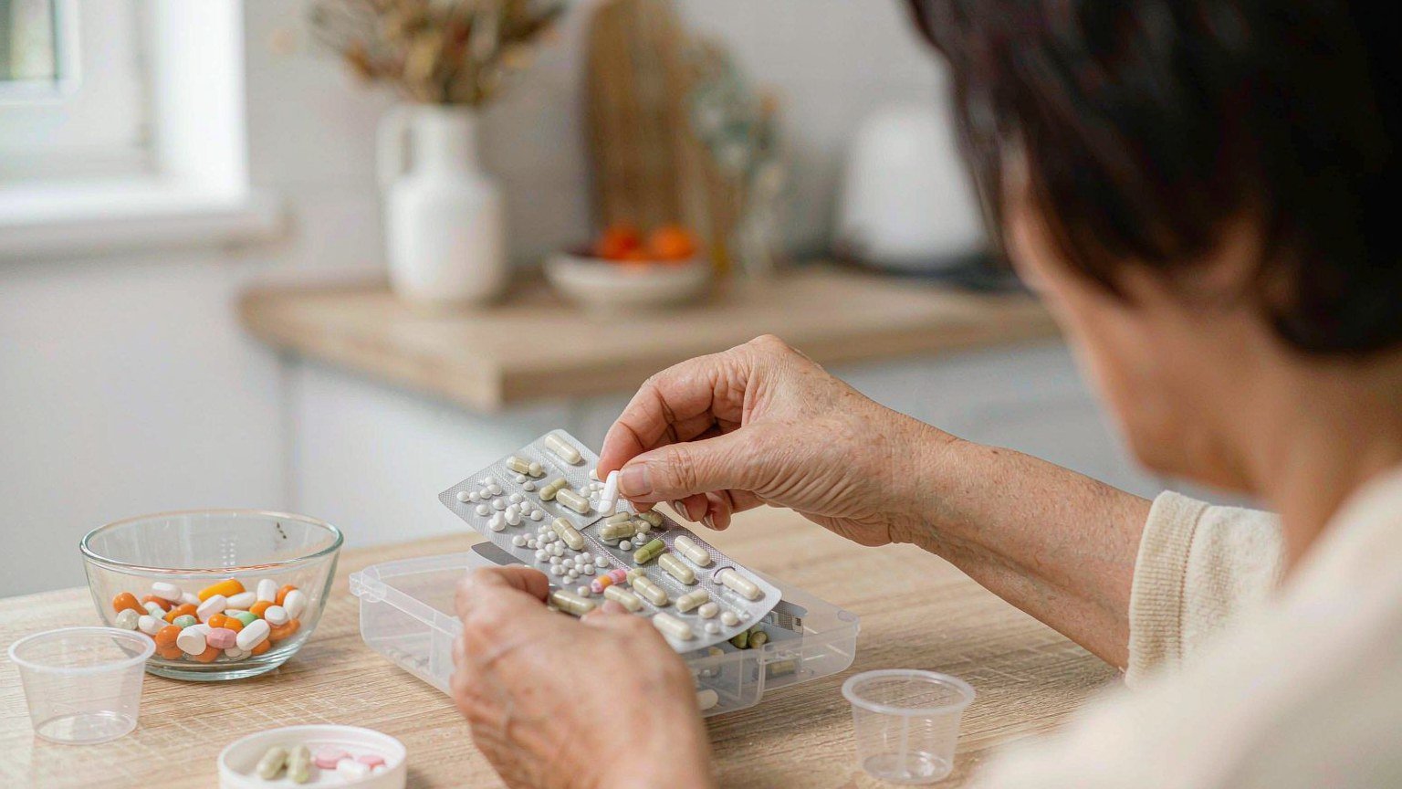 Hands placing a tablet into a weekly pill organizer on a kitchen counter