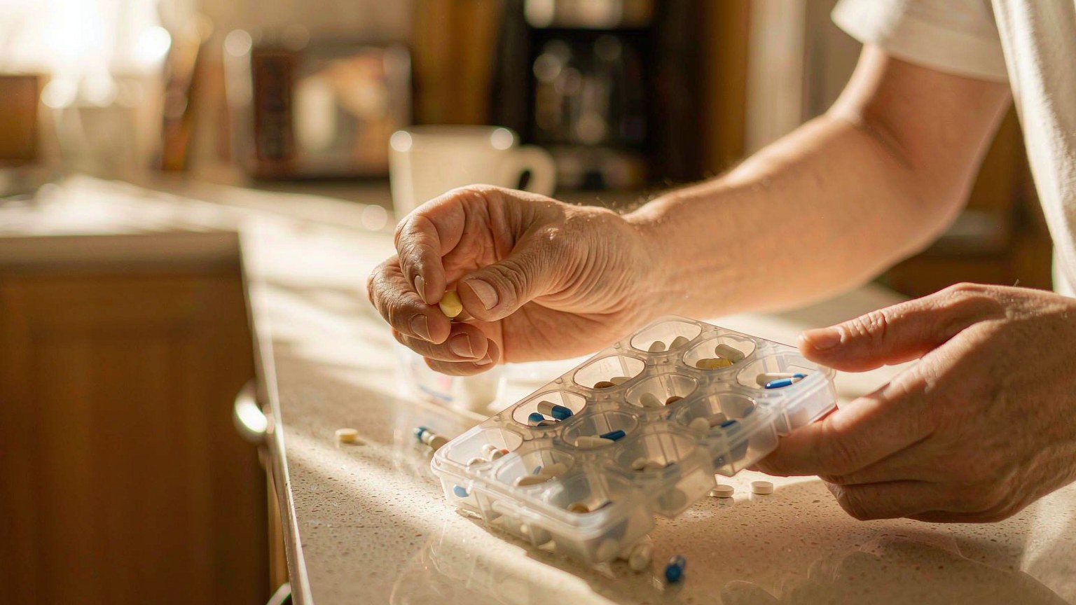 Hands filling a weekly pill organizer on a kitchen counter for remote medication management