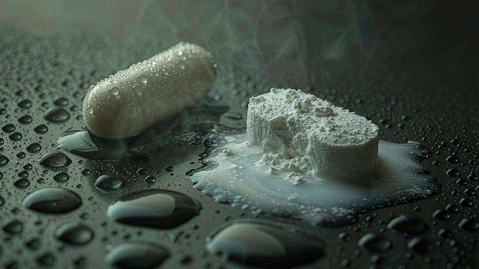 Capsules and tablets with water droplets condensing on a cool stone surface, showing how humidity damages supplements