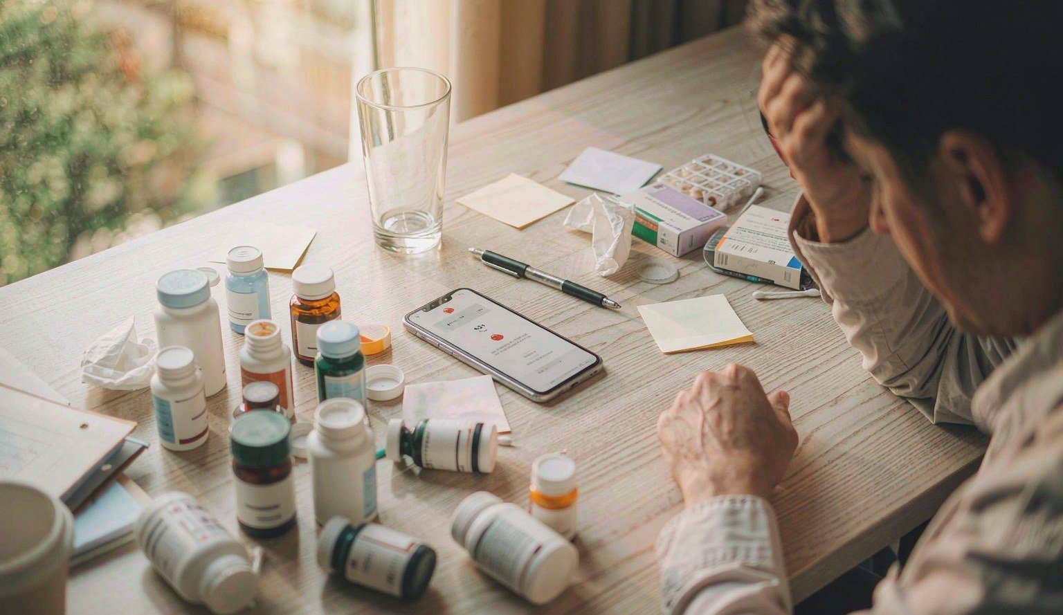 Person realizing they forgot pills and water while rushing through the day