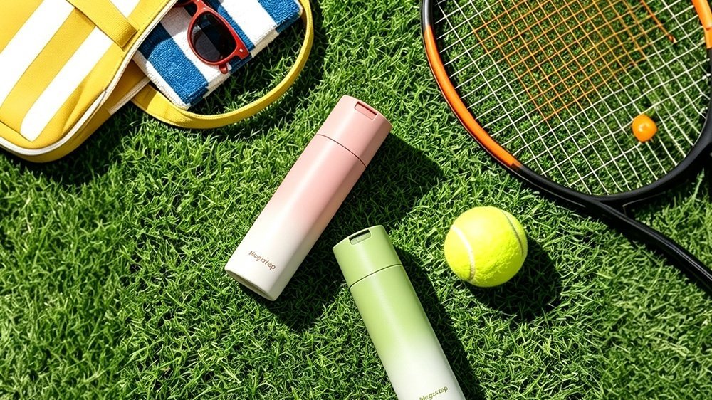 Water bottle with pill compartment lid on grass beside a tennis racket for on-the-go medication outdoors
