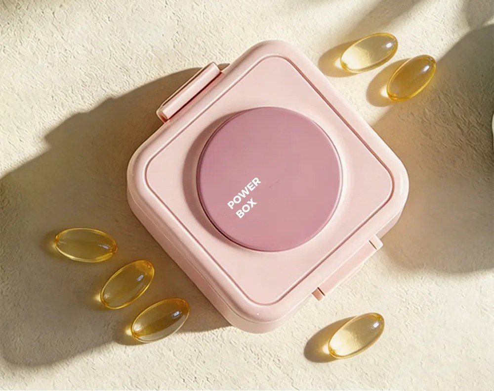A compact quiet pill box designed for discreet daily carry